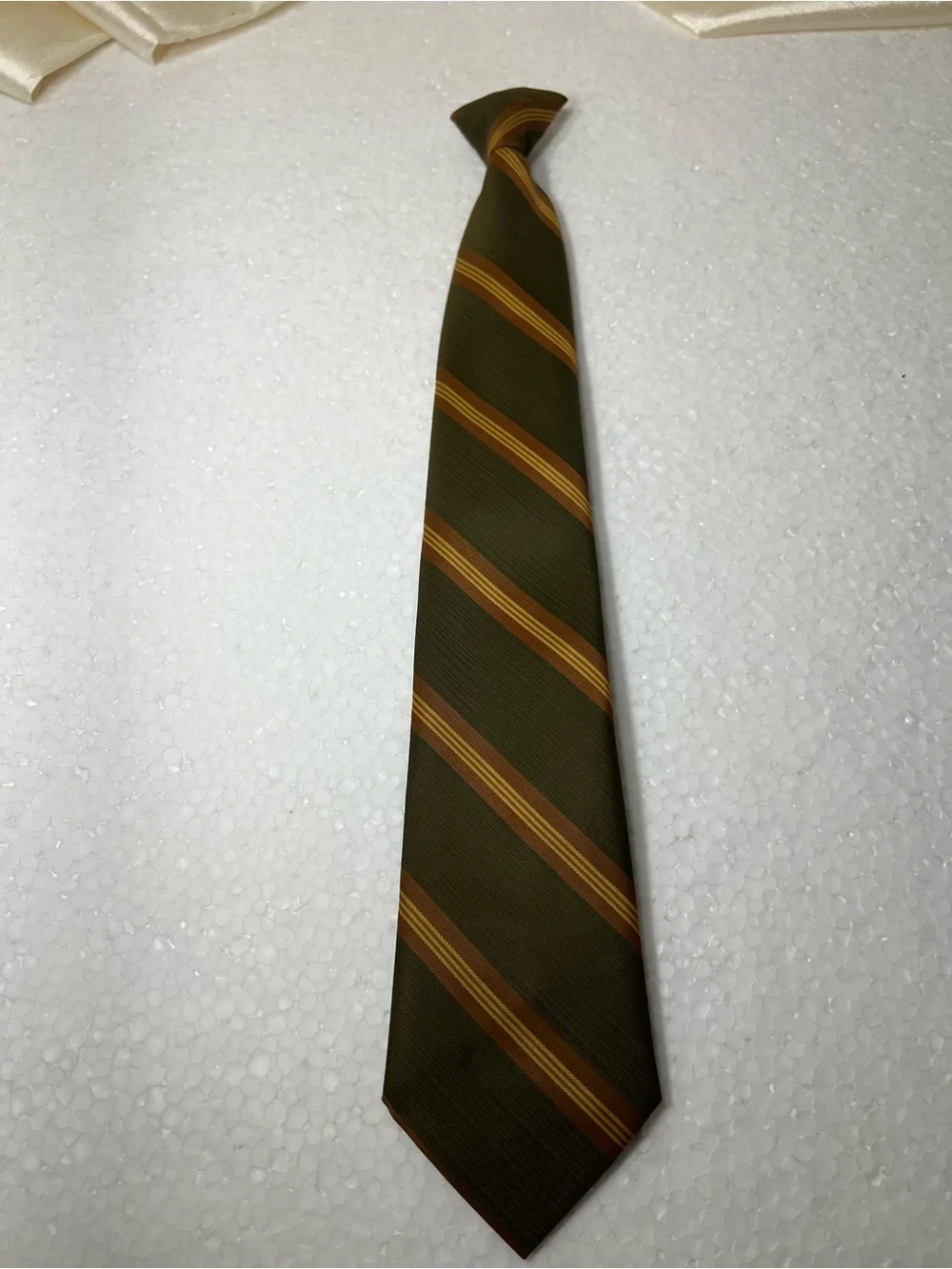 Men’s Striped Clip-On Necktie – Olive Green, Brown & Gold